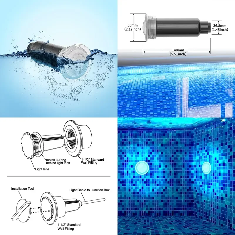 Refined 1.5 Inch Pool Light 12W White for Wall Fitting Multi Color Changing RGBW 12W 50FT 100FT Nicheless Led Pool Lights