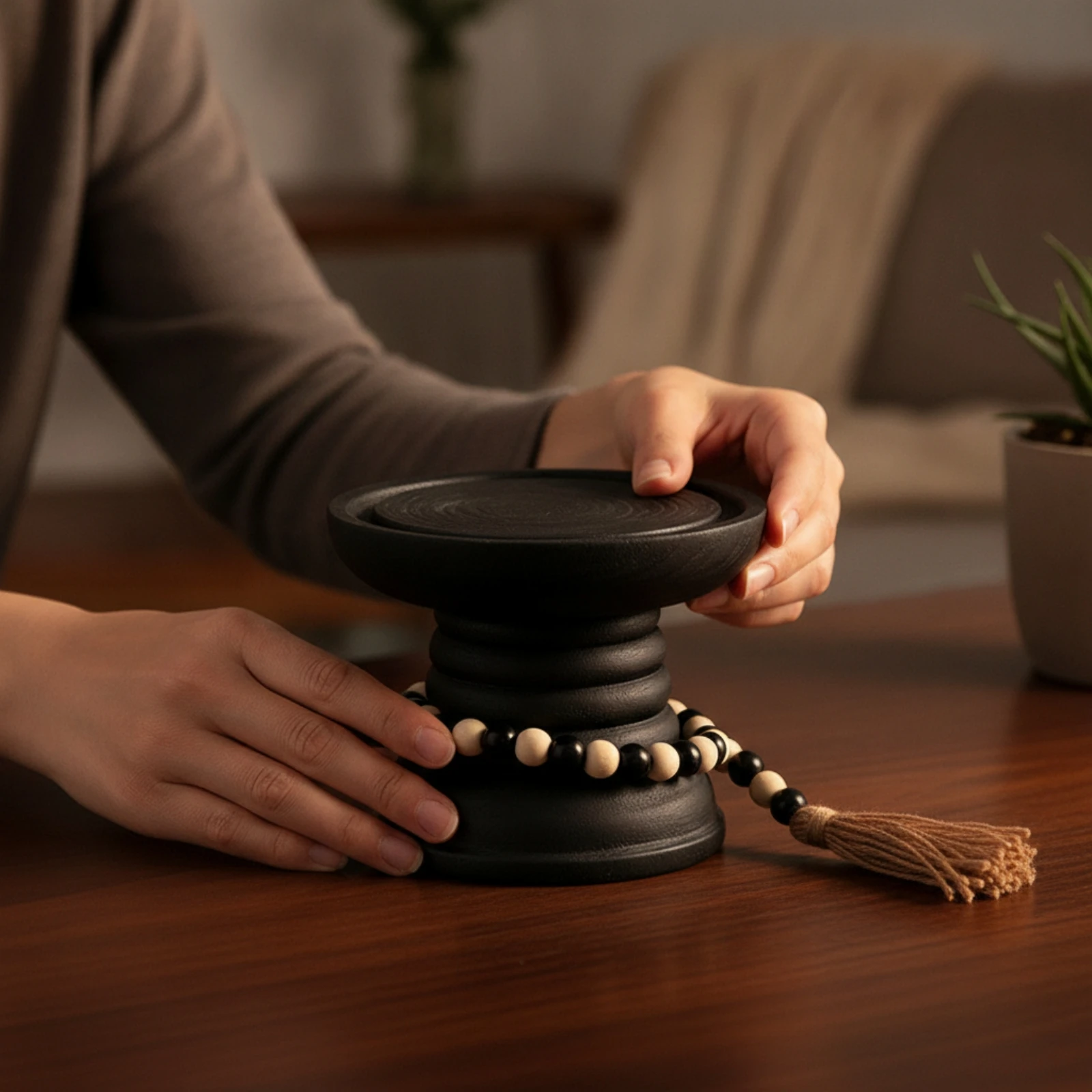 Candle Holder with Bead Garland Black Pedestal Candle Holder Bohemian Eye-Catching for Tabletop, Entryway