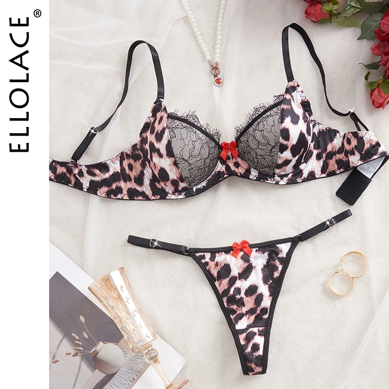 

Ellolace Leopard Lingeries Sexy Hot Attractive Bra Hilitos 2PC Set Fancy Lace Patchwork Intimate Wild Erotic Women's Underwear