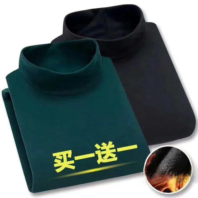 Men's Long Sleeve Thermal Shirt Double Sided Fleece mid Collar Inner Wear Casual Polyester Fabric Warm Top for Autumn Winter