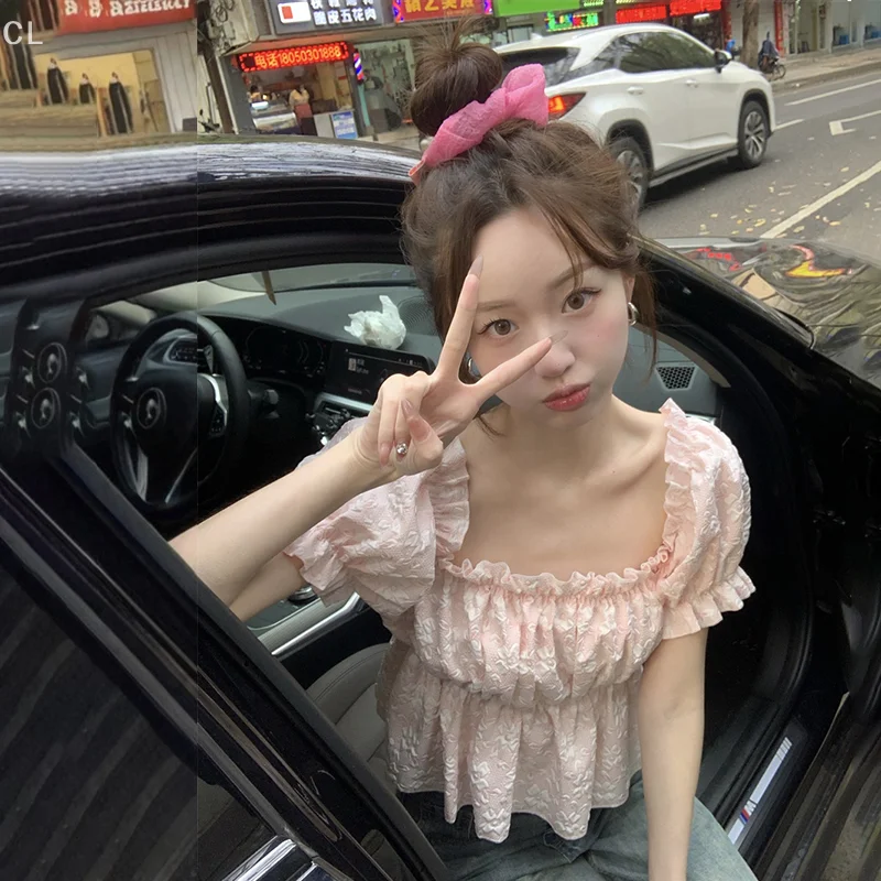 

Korean Ins Style Square Neck Mushroom Edge Bubble Sleeve Shirt For Women's Summer New Style, Trendy Short Jacquard Top