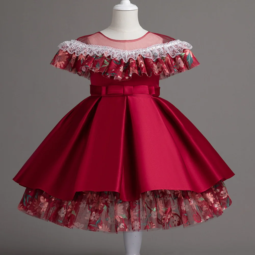 Girl\'s New Lace Flower Patchwork Bow Princess Dress Christmas Thanksgiving Family Gathering Sweet and Lovely Dress