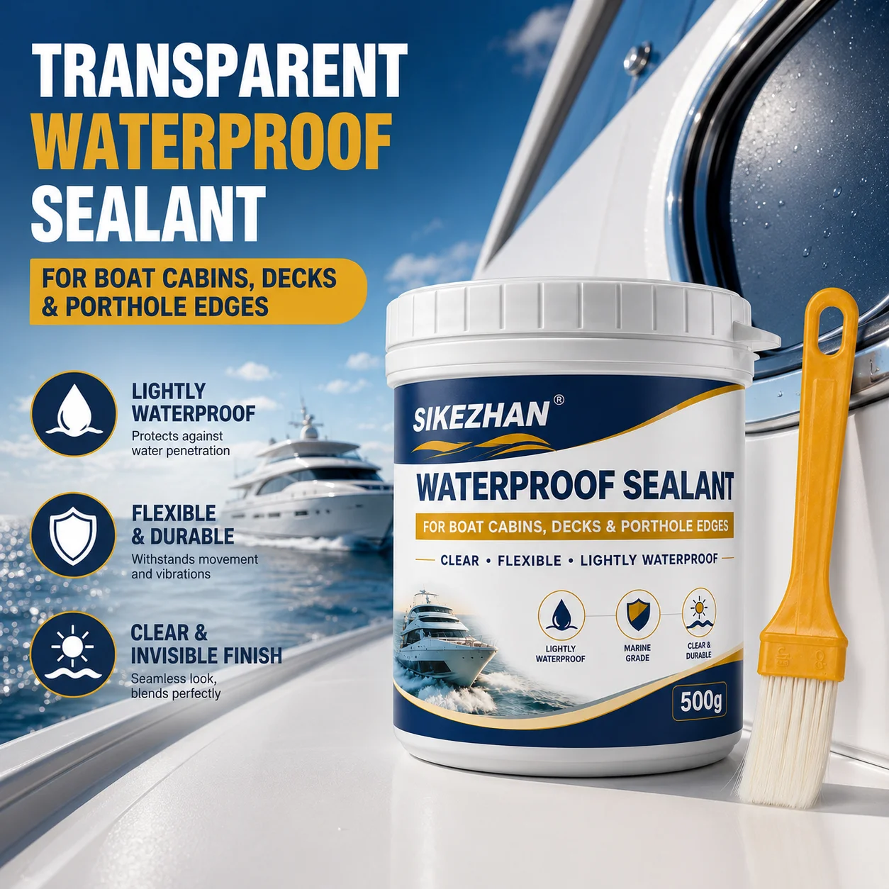 500g Transparentes Marine-Dichtmittel Flexibler Reparaturkleber für Bootskabinen, Decks und Bullaugen Transparente Beschichtung + Pinsel