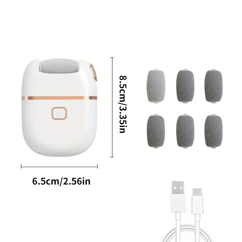 Rechargeable Electric Foot Grinder for Removing Dry, Cracked Heels and Calluses - with Thick Imitation Leather Polishing Surface, Includes 6 Replacement Grinding Heads, Portable USB Charging, Suitable for Hand and Foot Care