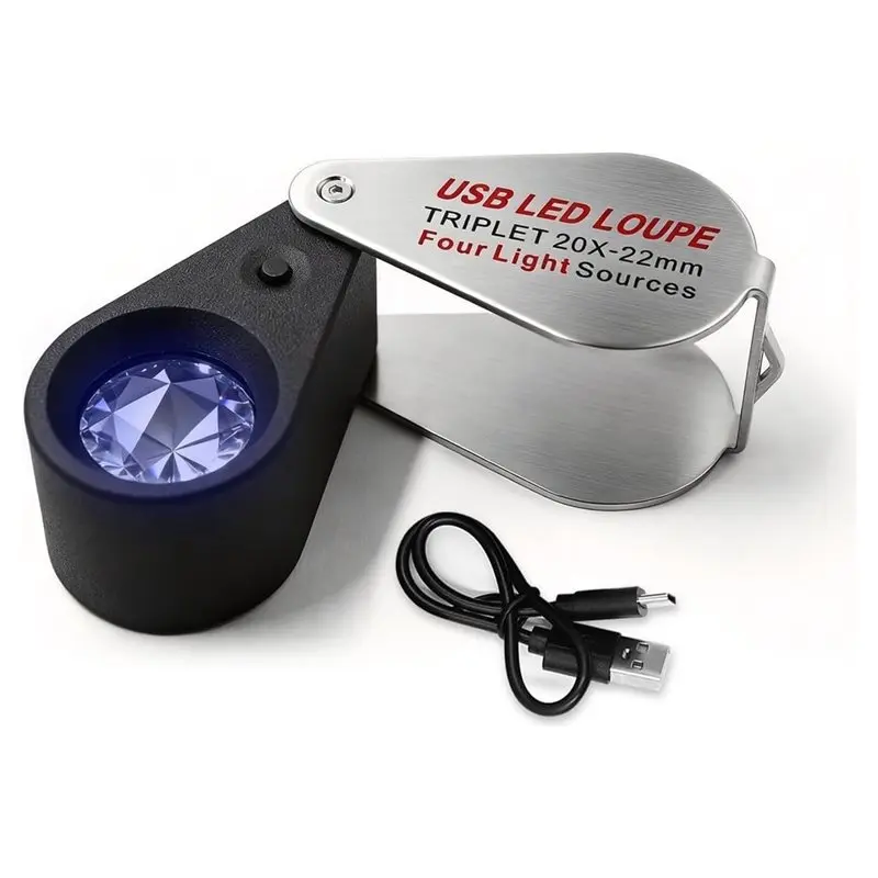 ABLN-Jeweler' S Loupe 20X Rechargeable UV& LED Light, Four Lighting Modes 22Mm Triplet Lens For Gemstone, Coin Identification