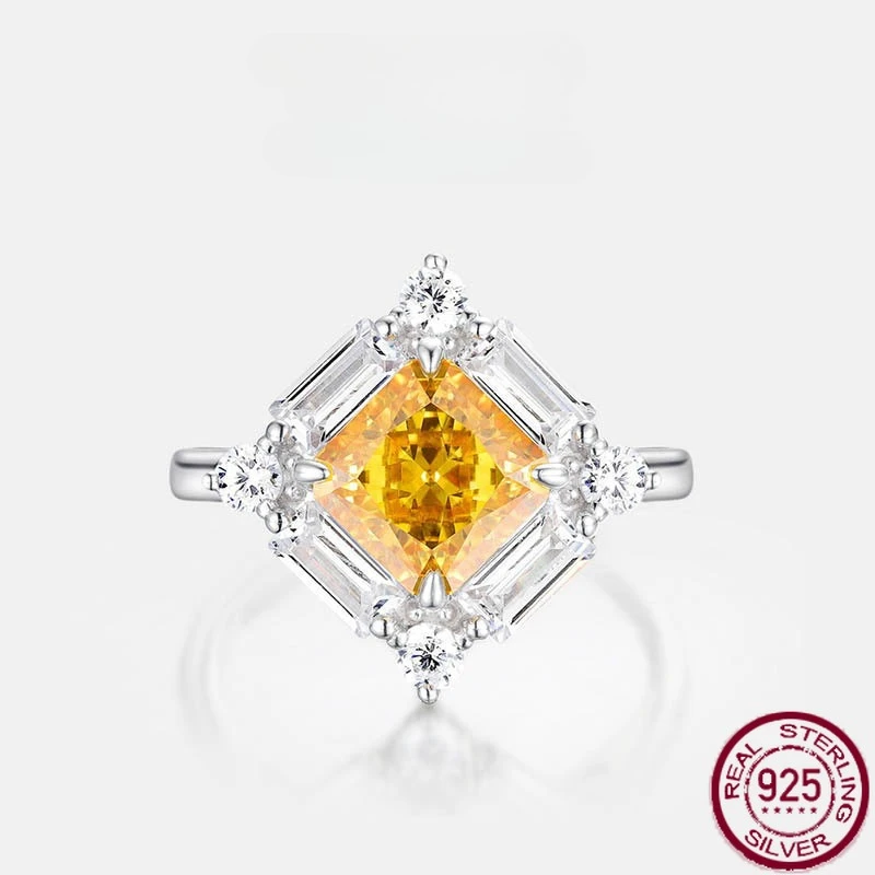 

New S925 Pure Silver Four Claw Yellow Diamond Square Diamond Princess Square Sugar Earrings Stone Earrings Wedding Jewelry