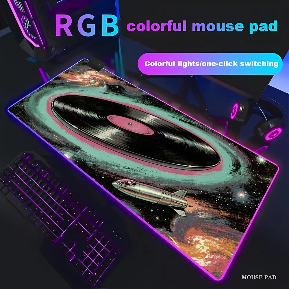 HYBXAXC Retro Vinyl Record Galaxy Space RGB Gaming Mouse Pad HD Gamer Large LED Light XXL PC Computer Non-slip