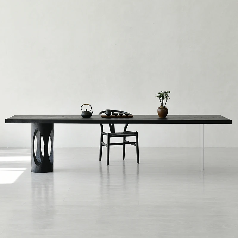 

Retro solid wood slab charred ash wood whole board suspended tea table and chair combination