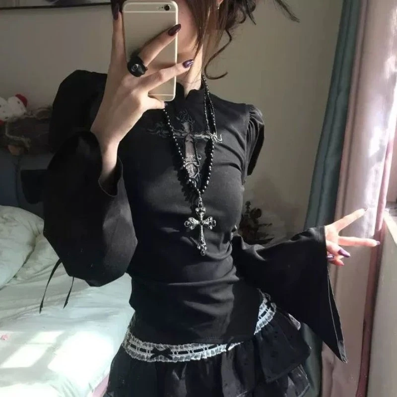 Gothic Dark Lace Cross Decor Irregular T-shirts Women Y2k Subculture Slim Tees Autumn Punk Vintage Fashion Long Sleeve Tops New