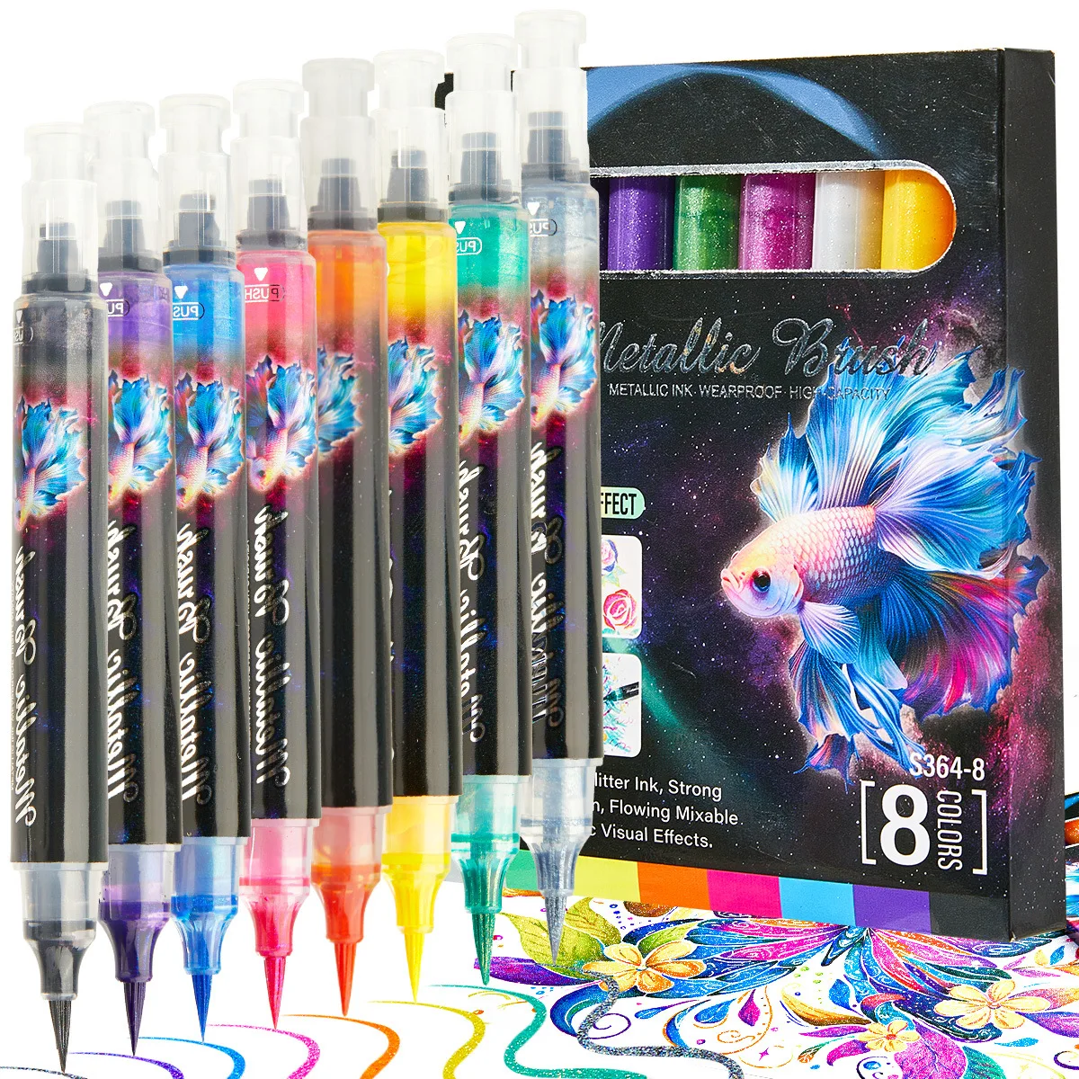 

8-цветный пресс с мягкой головкой, металлическая косметическая ручка, студенческая штабелируемая цветная живопись, вспышка, быстросохнущий золотой маркер