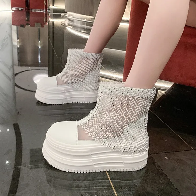 New 10cm Super High Women's Stud Wedges Platform Booties Round Cool Ankle Boots 2026 Spring Summer Street Style Trending Shoes