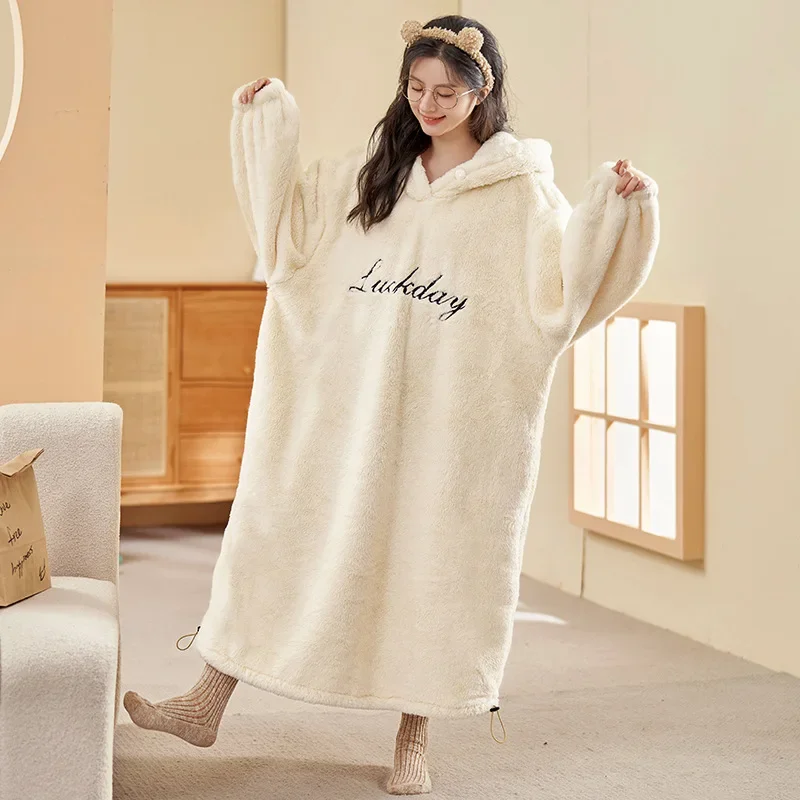 Coral Velvet Pajama Dress for Women 2023 Winter Plush Flannel Warm Soft Homewear Hooded Nightdress Leisure Solid Nightgowns