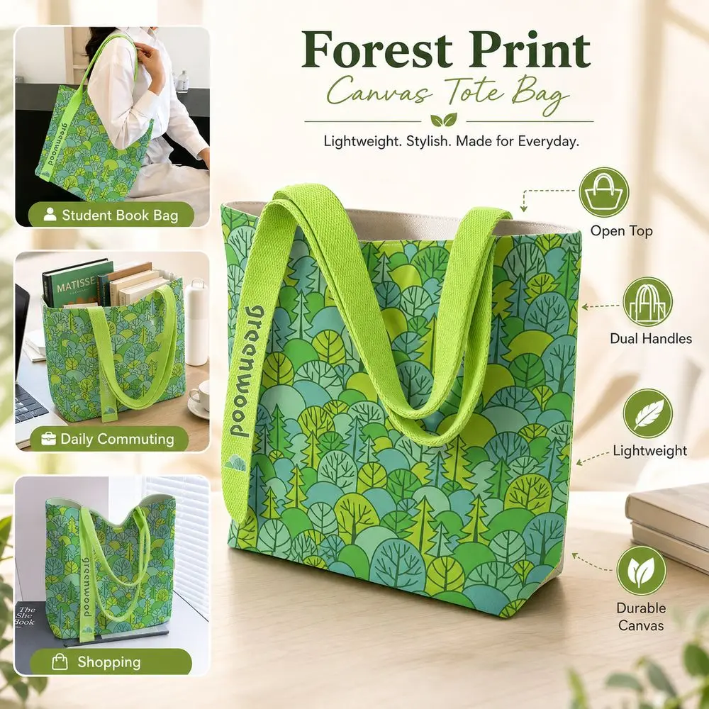 Cartoon Fan Shaped Floral Fragments Canvas Bag Reusable Large Capacity Shoulder Bag Lightweight Wide Handles Lunch Bag Shopping