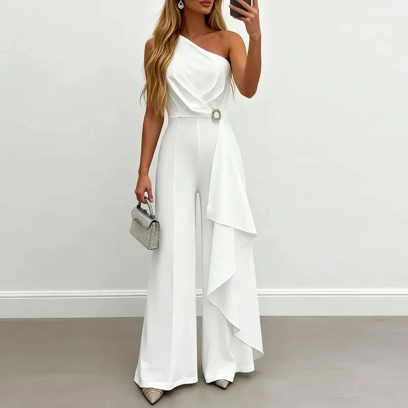 

Elegant Lady Solid Commute Playsuits Temperament Slash Collar Wide Leg Jumpsuits Summer Sleeveless Hollow Out High Waist Rompers