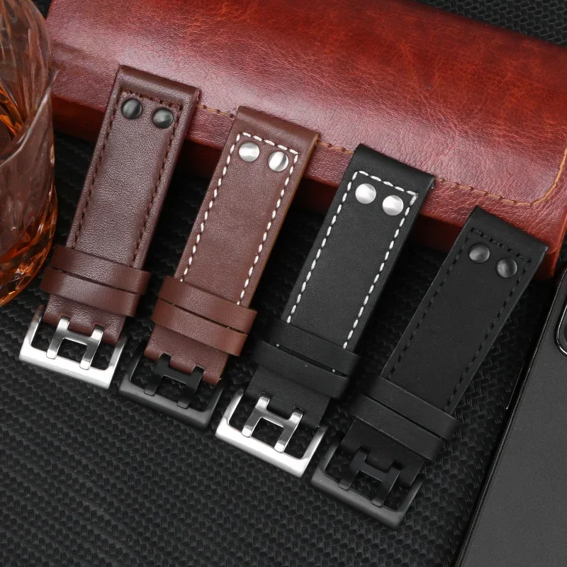 For Hamilton Watch Strap Genuine Leather Cowhide Steel Special Buckle Men\'s Khaki Jazz Eternal 20 22mm Double Hole Watchband