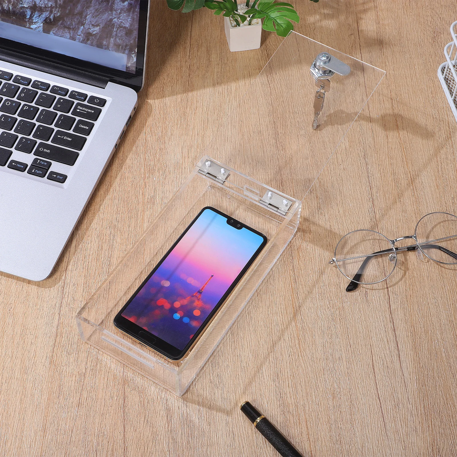 Employee Phone Storage Box Transparent Case Office Supplies Random Key Screw Locking Box for Office Use