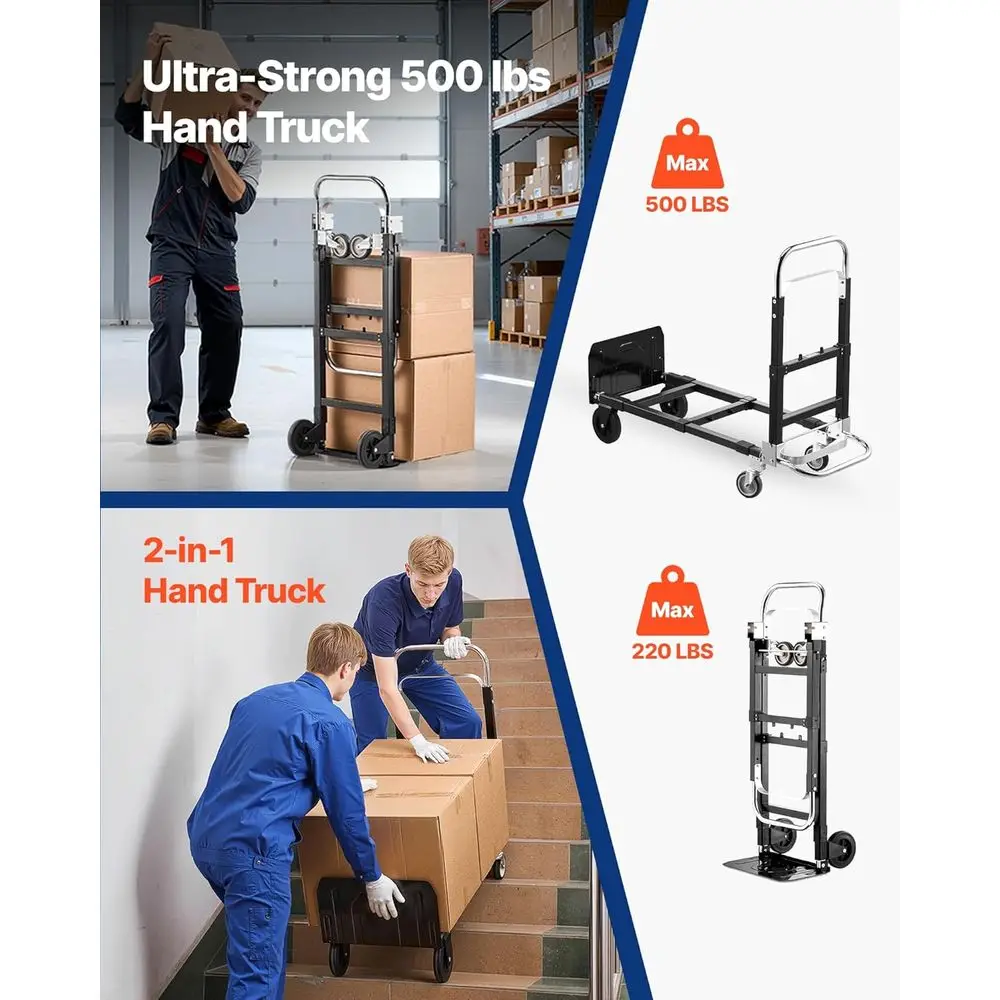 รถเข็นพับได้ 4 ล้อ แบบแปลงสภาพได้ รับน้ำหนักได้ 500 ปอนด์ รถเข็นแบบพกพาสำหรับใช้ในบ้าน สำนักงาน และคลังสินค้า