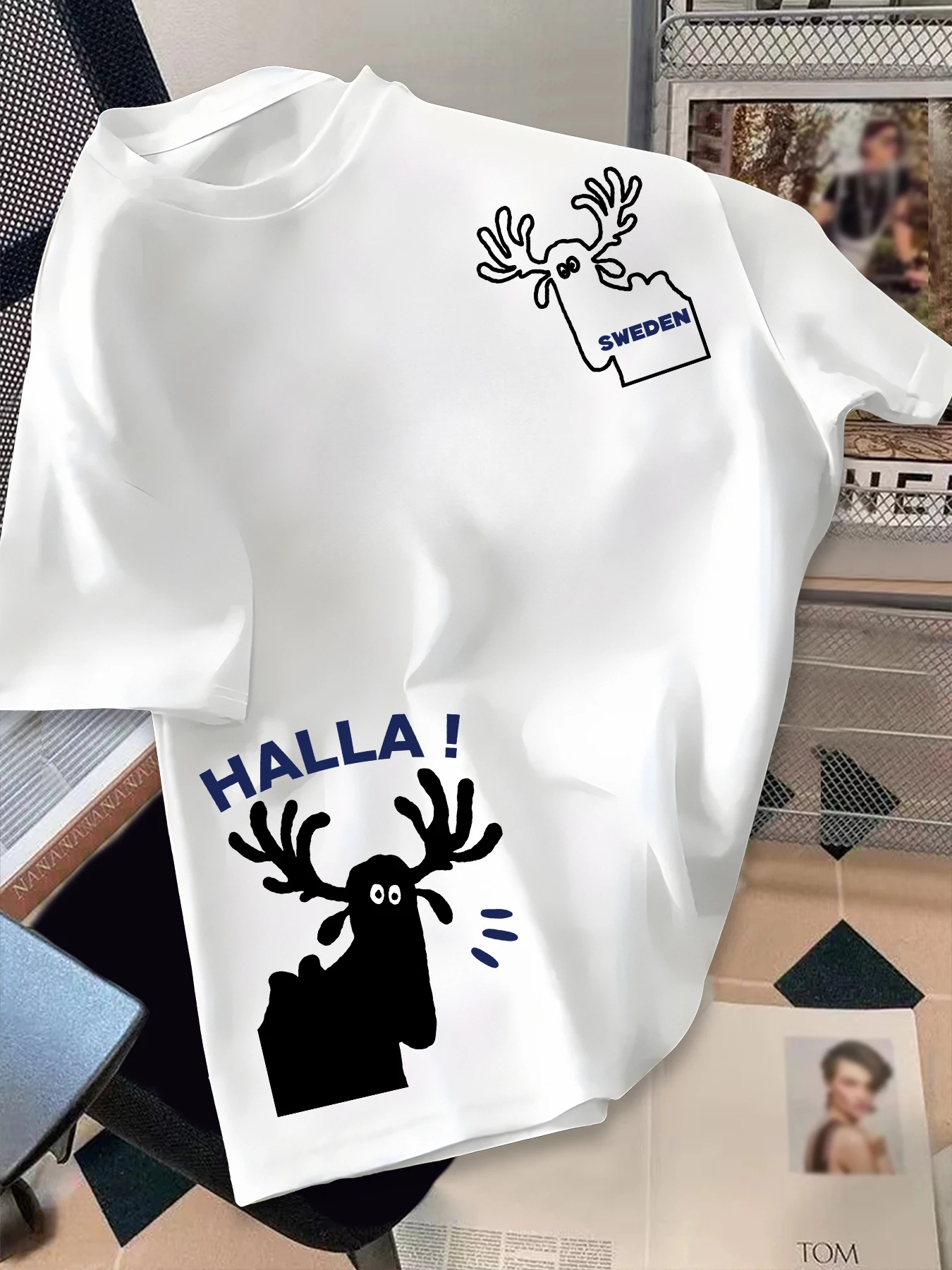 Men Drop Shoulder Oversized Tee Doodle Moose Sweden Slogan Print Short Sleeve Streetwear T-shirt S-XXL