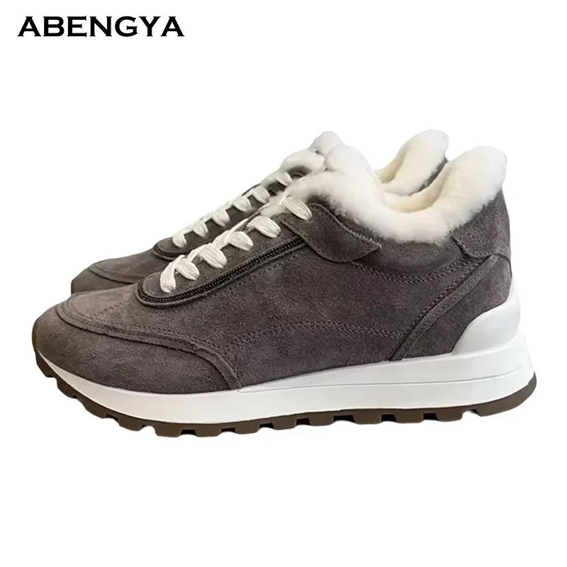 Hot Sale Suede Flat Loafers Shoes Women Lace Up Holiday Platform Wool Fur Shoes Winter Casual Party Vacation Walking Shoes Women