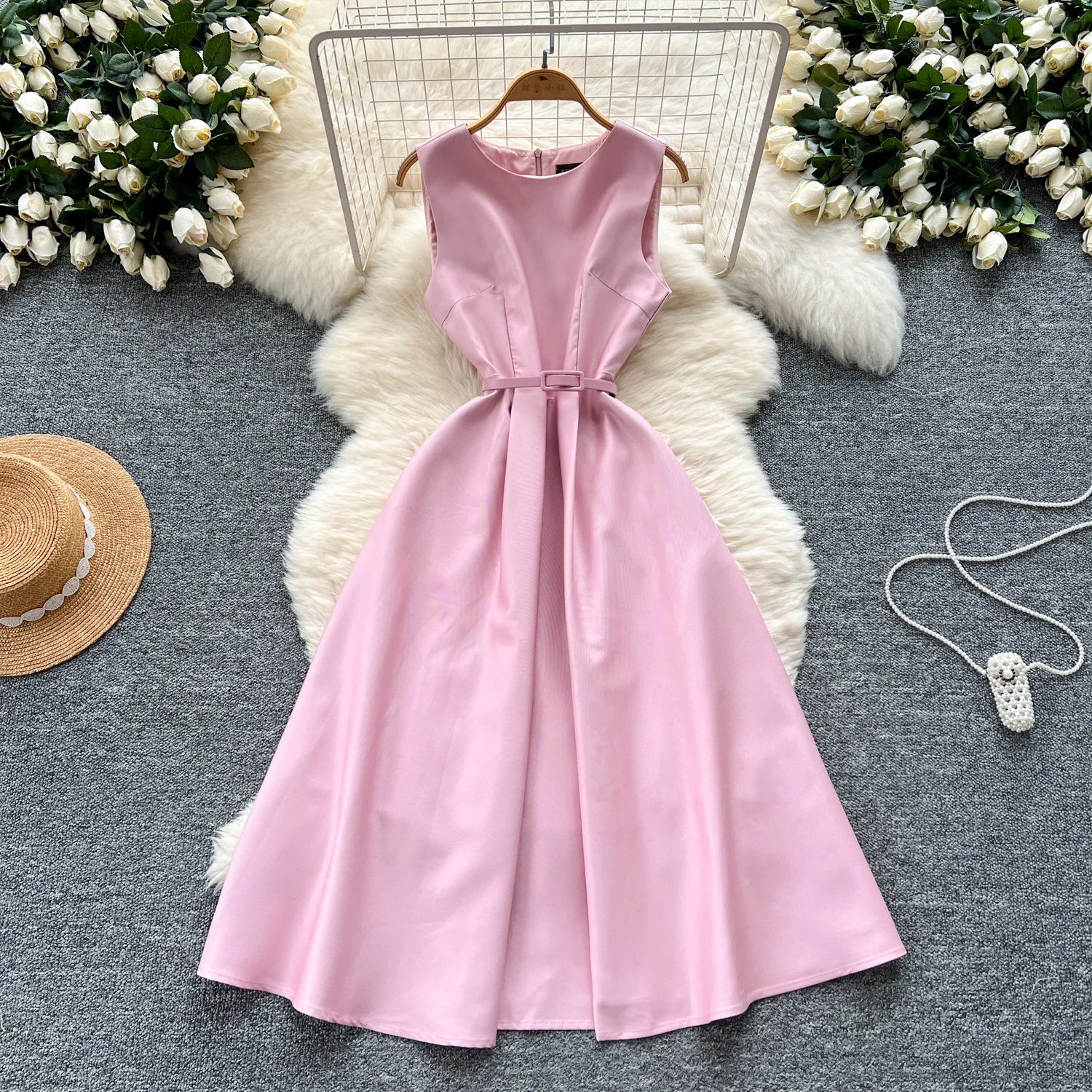 Gaun Gaun Wanita Gaun Panjang A Line Vestidos Leher Bulat Tanpa Lengan Kerja Elegan Sambatan Y2k Pakaian Jalanan Pesta Malam Malam