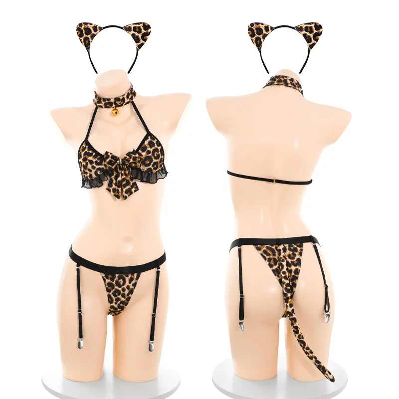 مثير Katze ليوبارد طباعة موحدة كيتي تأثيري الملابس الداخلية شقي القط فتاة الخيال سبليت الملابس الداخلية الصدرية مجموعة Kawaii Wildcat ازياء