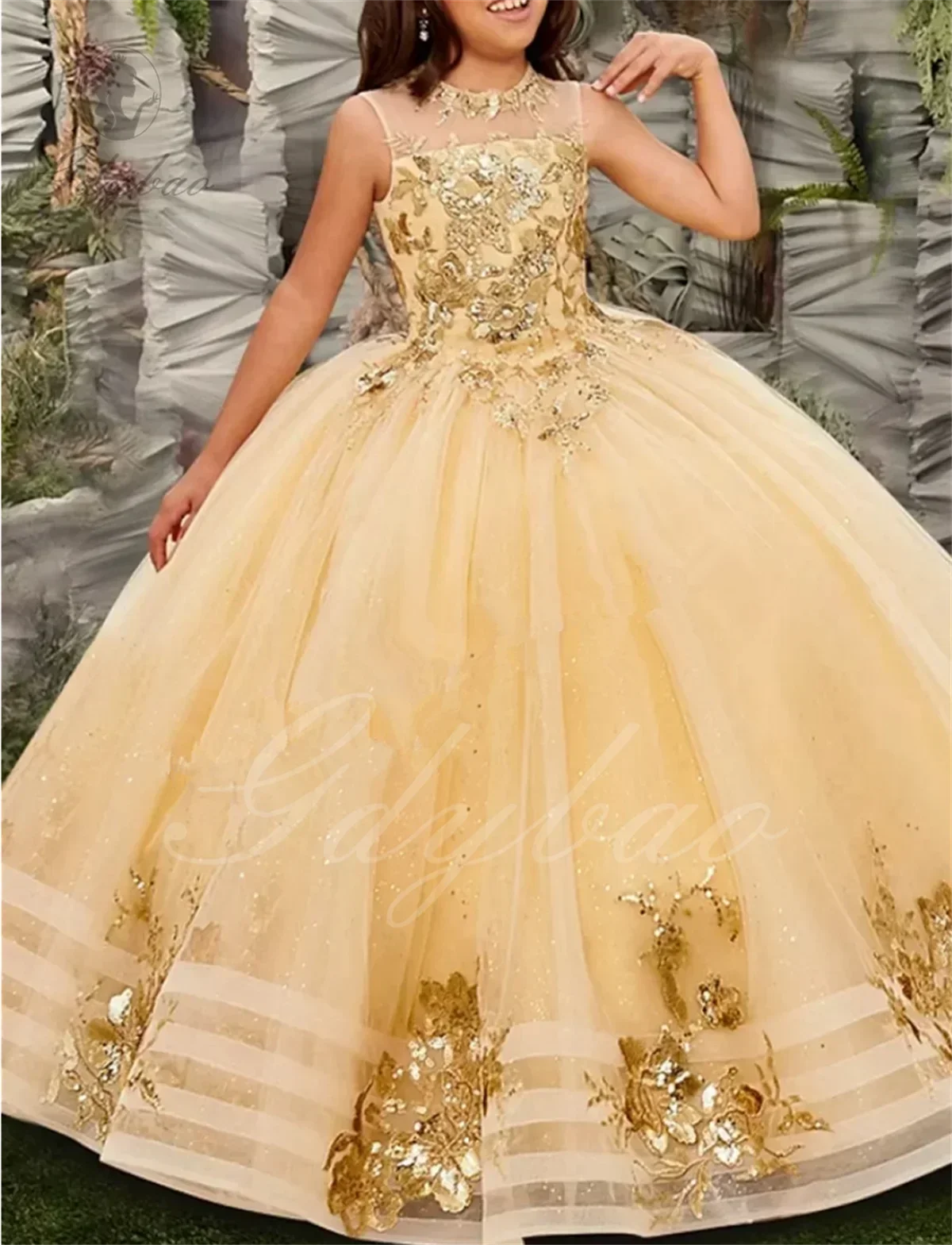 Luxury Flower Girls Dress Elegant Gold Printing Wedding Dresses Kids Princess Pageant Dreses Party Prom Puffy Ball Gowns