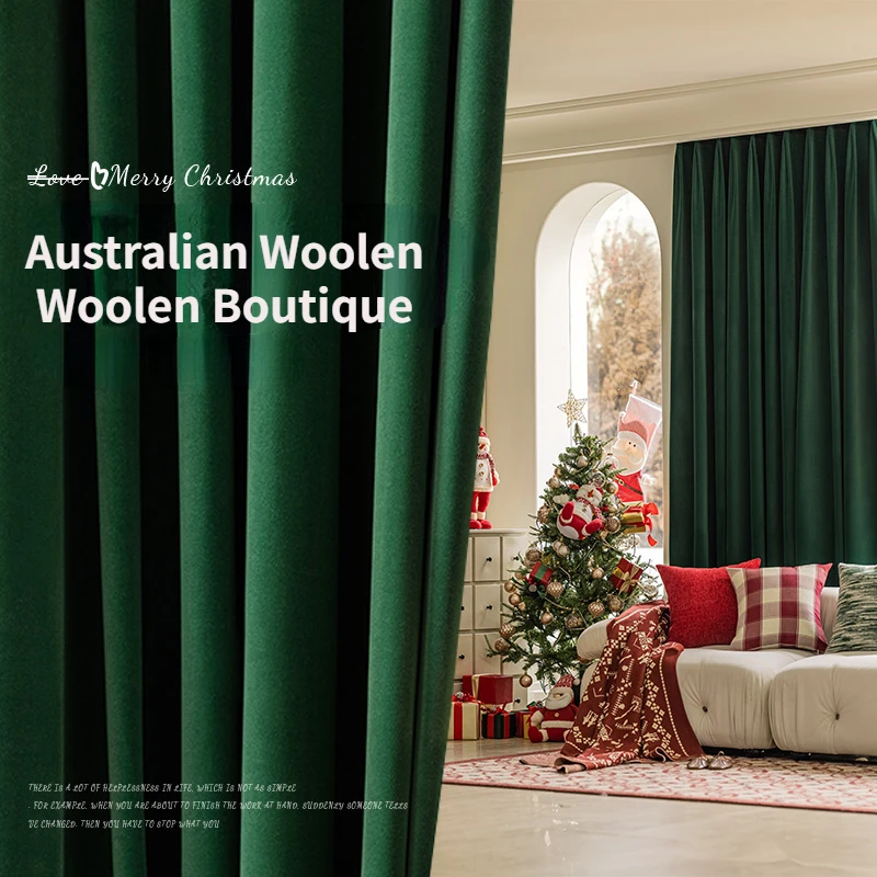 French Retro Light Luxury Christmas Atmosphere, High-end Feeling, Dark Green, Velvet Curtain, Living Room and Bedroom Blackout