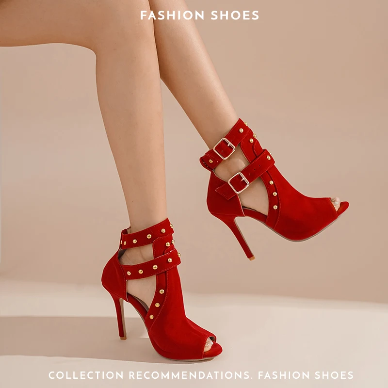 Ankle Boots, Sandals with Hollow-Out Design, Studded Metal Buckle, High Heels, Peep-Toe, Tower Buckle, Stiletto Heels, Ultra-High Heels, Red, Black, Blue, Matte Velvet Upper, Luxurious, Elegant, Spring/Summer New Style