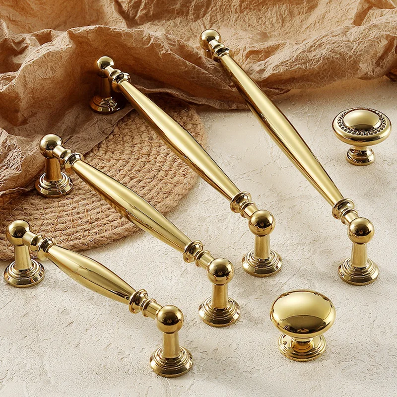 Brass Furniture Handles Bright Gold Cupboard Kitchen Cabinet Pulls Solid Copper Luxury Wardrobe Dresser Drawer Knobs Door Handle