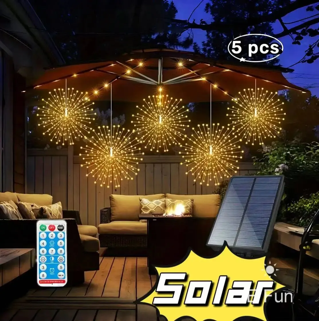 5pcs 450LEDs Solar Starburst Sphere Lights, Firework Lights Remote Control Timer 8 Modes Dimmable Waterproof Hanging Fairy Light