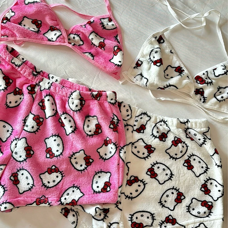 Set piyama mewah Hello Kitty wanita, baju tidur 2 potong atasan Tank pendek dan celana pendek seksi pakaian rumah merah muda Piyama Set