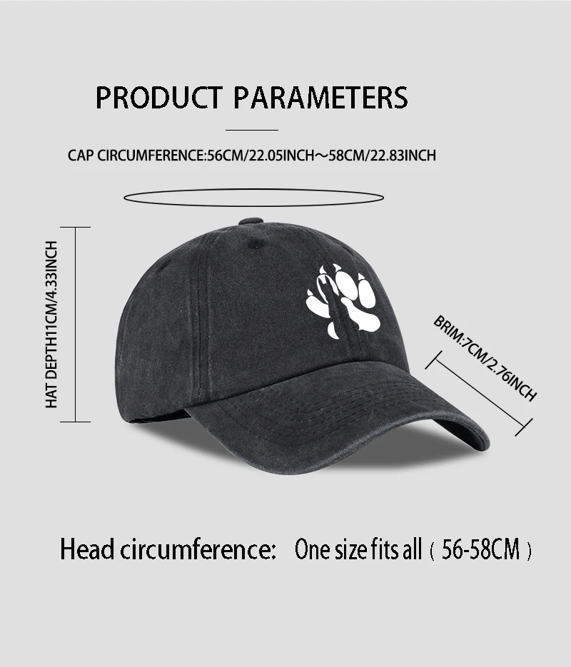 Wolf Paw Print Washed Baseball Cap, verstellbarer Unisex-Vintage-Sonnenhut für den Außenbereich – Detail 10