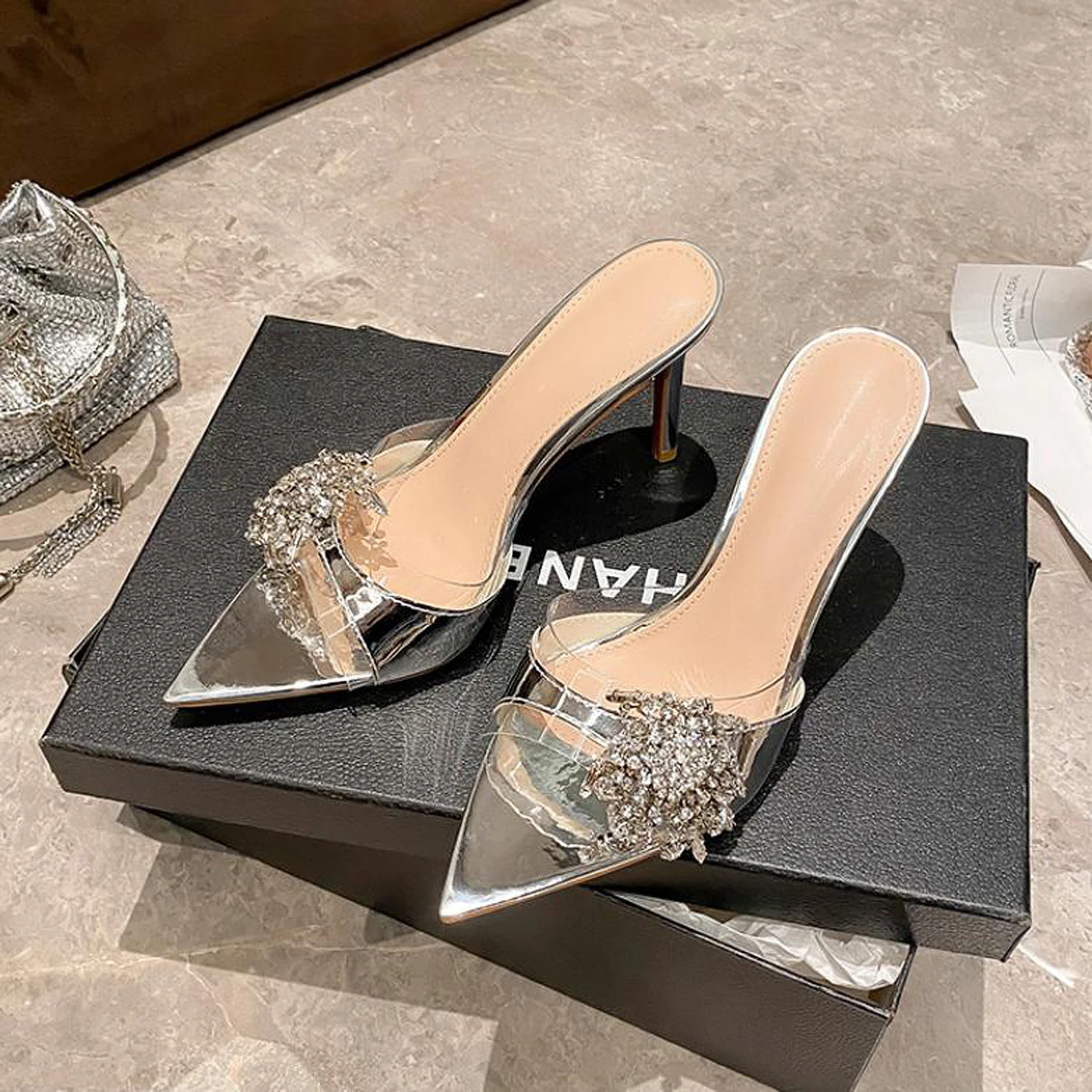 Sexy lady 2026 Diamond-Encrusted Pointed-Toe Mules Women's Sandals Transparent High Heels Sexy Thin Heel Versatile Slipperss