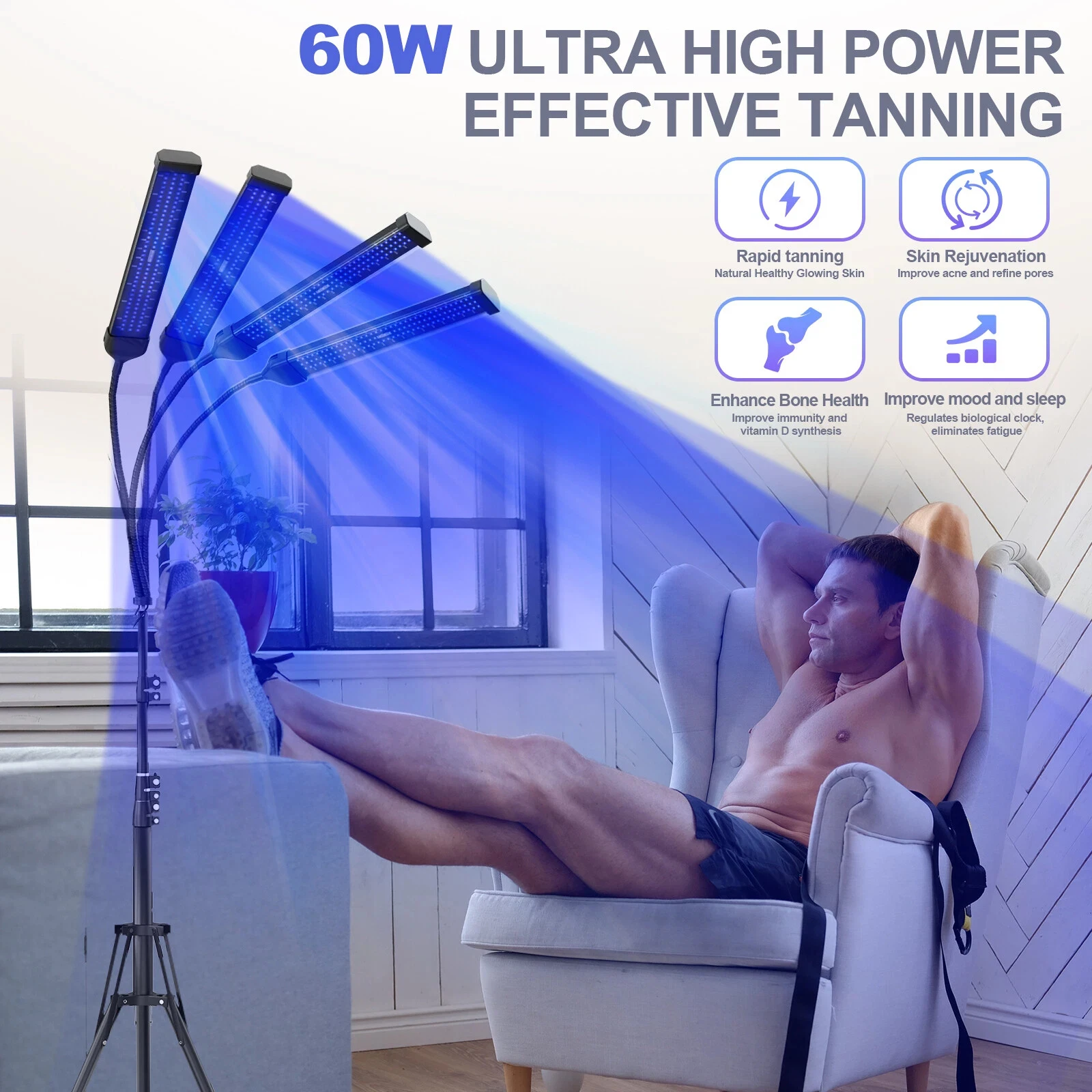 UV Tanning Lamp for Face & Body - Vitamin D Light Therapy with Protective Goggles, Salon-Quality Sunbed Alternative for Healthy