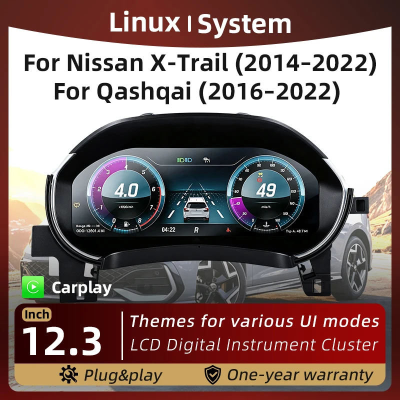 Digitales Instrumentencluster für Nissan X-Trail 2014–2022 Qashqai 2016–2022 Tachometer 12,3" HD-Bildschirm 1920x720 Unterstützt CarPlay