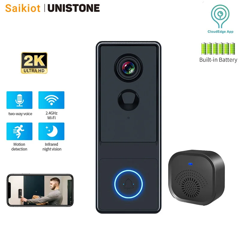 Saikiot-campainha de vídeo sem fio à prova d'água de longo alcance, câmera inteligente, borda nuvem, wi-fi, 1080p, 2MP