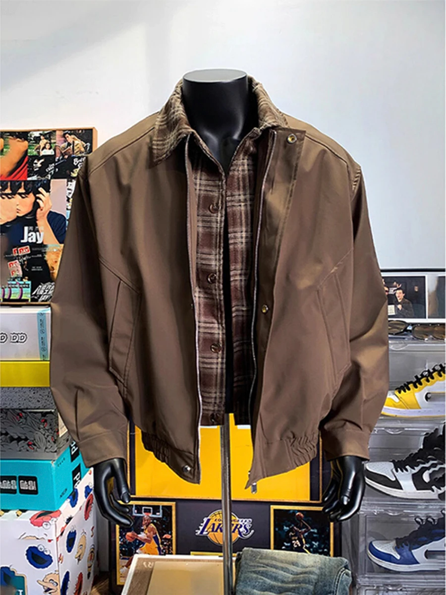 

Brown Workwear Sle Men's Baseball Jaet Autumn Winter Vintage American Harrington Coat Loose Fit Flat Heat Treaent