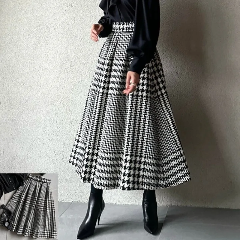 Small Fragrant Style Plaid Imitation Woolen Skirt Women Clothing Vintage Fashion High Waist Casual Thick A-line Long Skirts Y2k