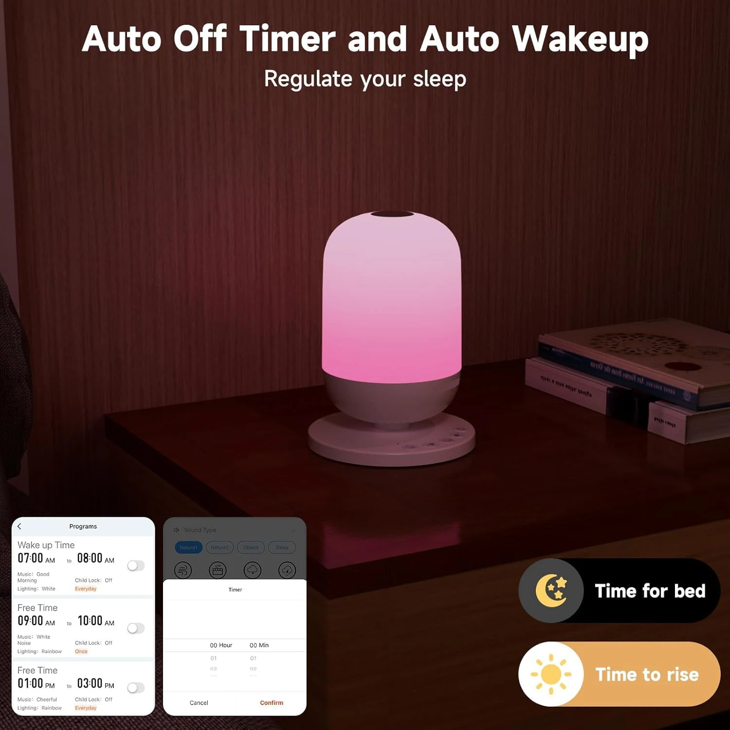 آلة الضوضاء البيضاء، آلة صوت الطفل مع ضوء ليلي، 34 صوتًا مهدئًا للتحكم في التطبيق، ضوء ليلي 7 ألوان مع مؤقت