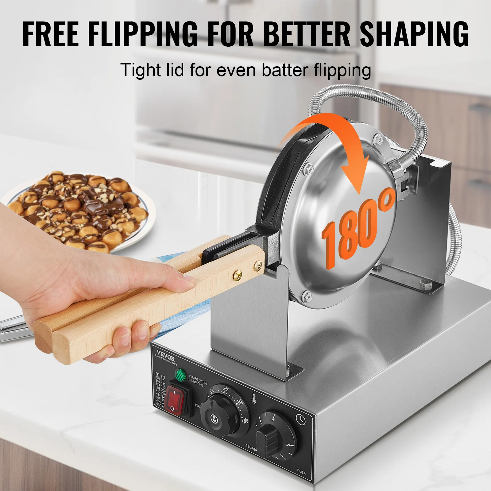HomeWise Commercial Egg Bubble Waffle Maker 1400W Non-Stick Stainless Steel Bubble Puff w/180° Rotatable 2 Pans & Wooden Handles