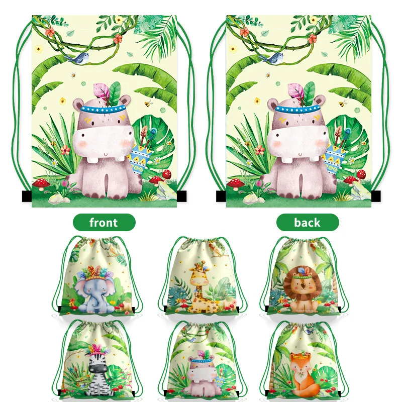 6/18/36/60pcs Jungle Animal Pattern Gifts Bag Green Drawstring Backpack Kids Favors Wild Animals Birthday Party Supplies