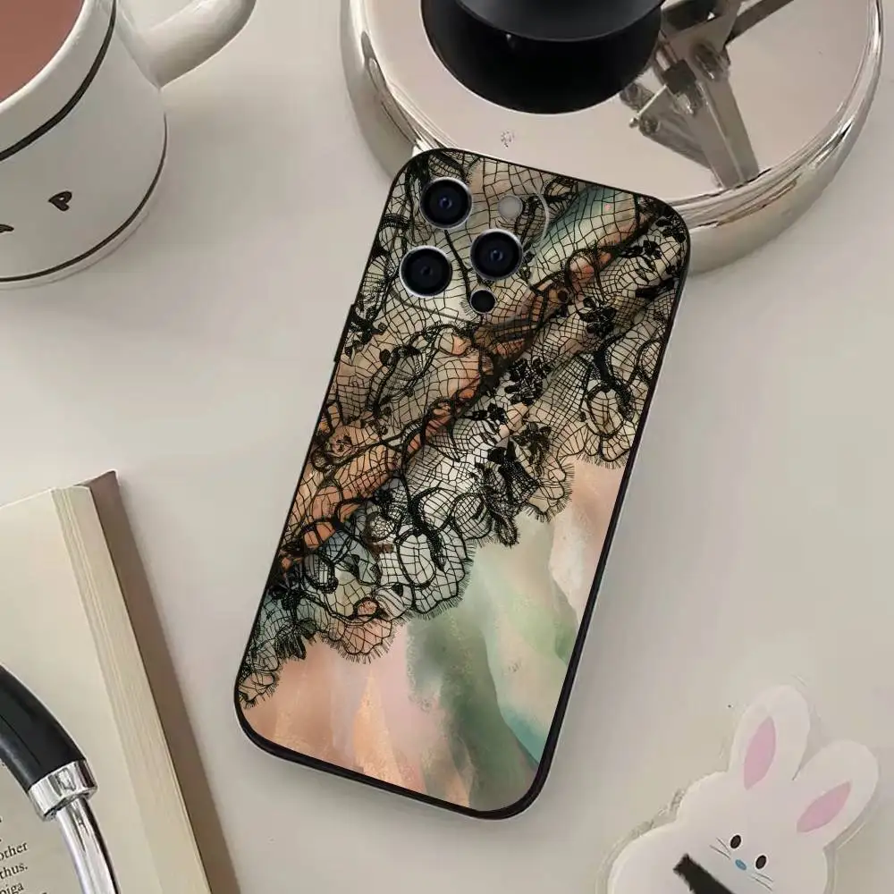 Lace Texture Print Phone Case For iPhone 17,16,15,14,13,12,11 Plus,Pro Max,XS,Soft Black Cover