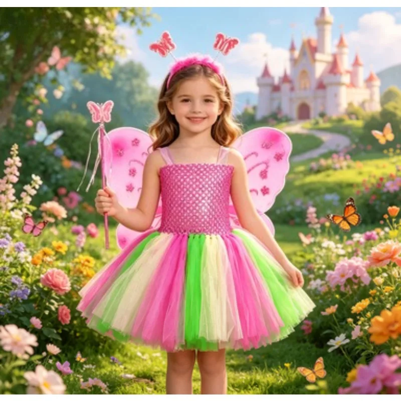 

Rainbow Wing Tutu Dress for Girls, Colorful Tulle Summer Outfit for Birthday Party Children's Day Stage Performance Dress Up
