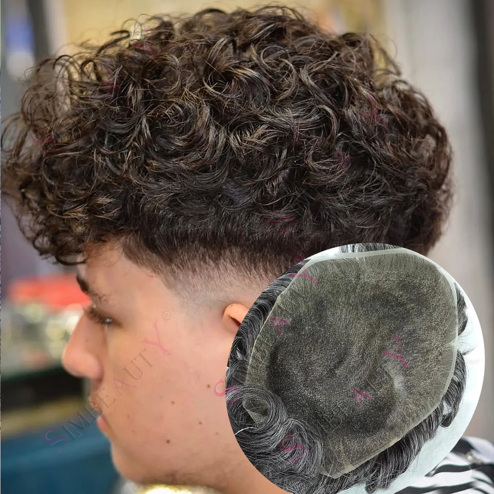 

28mm Curly Invisible Full Swiss Lace Breathable Men's Hairpieces Bleached Knots Toupee Wig Blonde Brown 1b80 Grey 100%HUman Hair