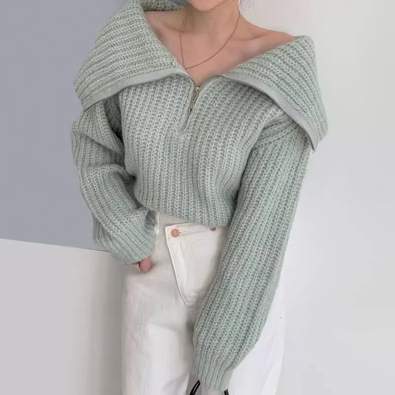 Spring and Autumn Simple Small Fresh Large Polo Neck Zipper Design Loose Relaxed Long Sleeve Knitted Sweater for Women