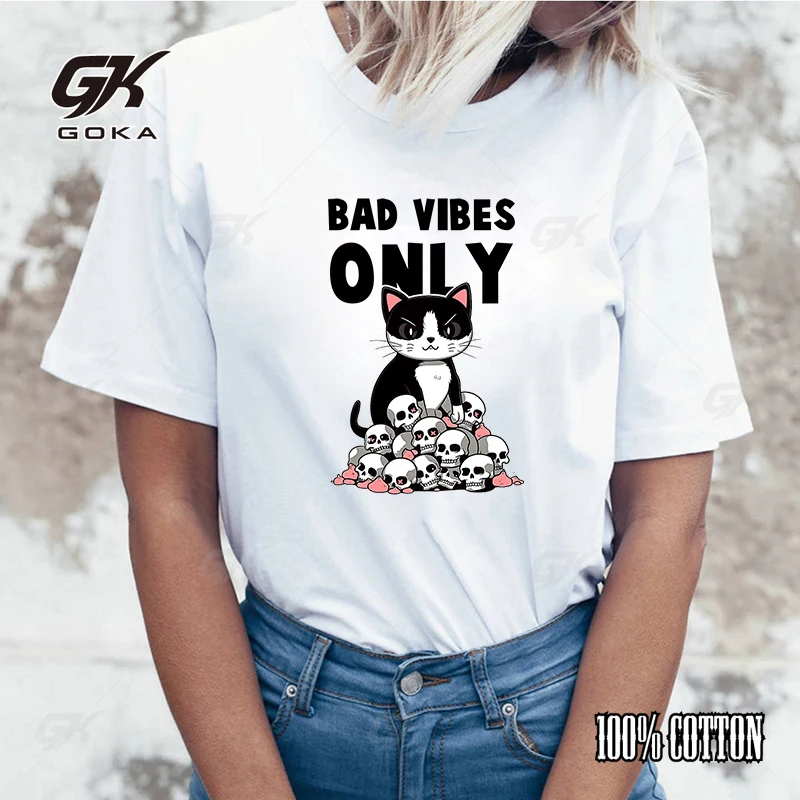 Funny Bad Bibes Only Cat Print T-Shirts For Women Summer Round Neck  Shirt Femme Fashion Casual Top Tee