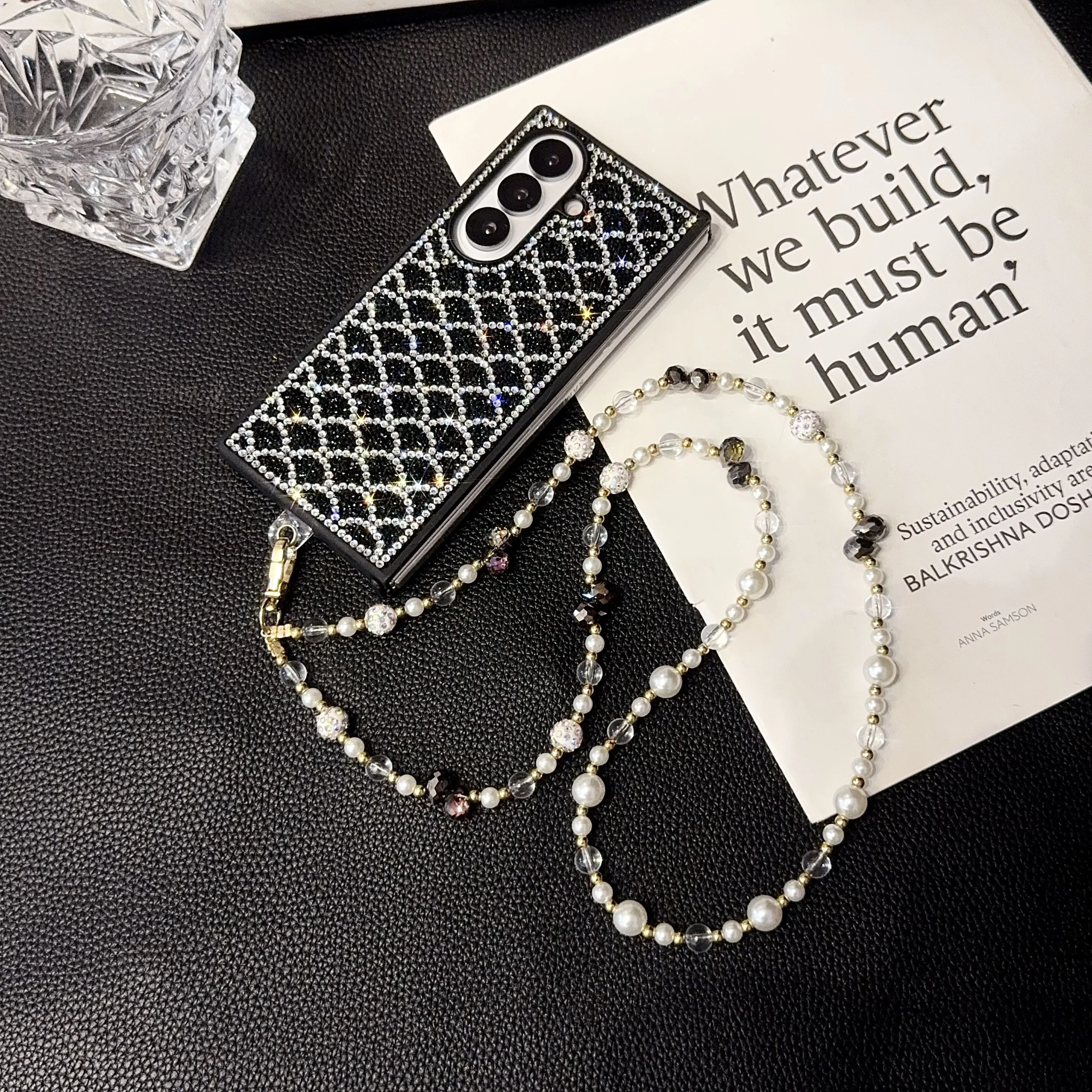 Роскошный уникальный чехол для телефона на запястье с ромбовидной шкалой и кристаллами жемчуга для Samsung Galaxy Z Fold 7, 6, 5, 4, 3