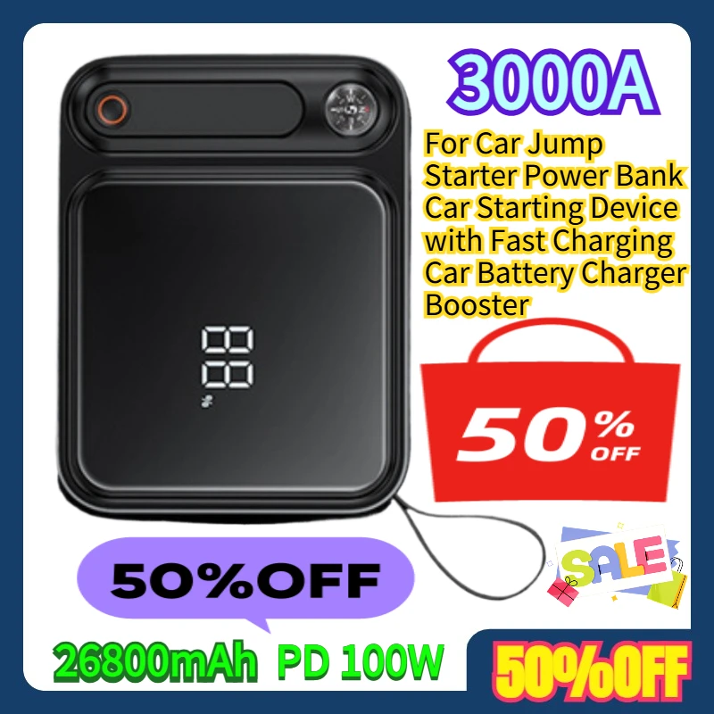 

For 3000A Car Jump Starter Power Bank 26800mAh Car Starting Device with PD 100W Fast Charging Car Battery Charger Booster