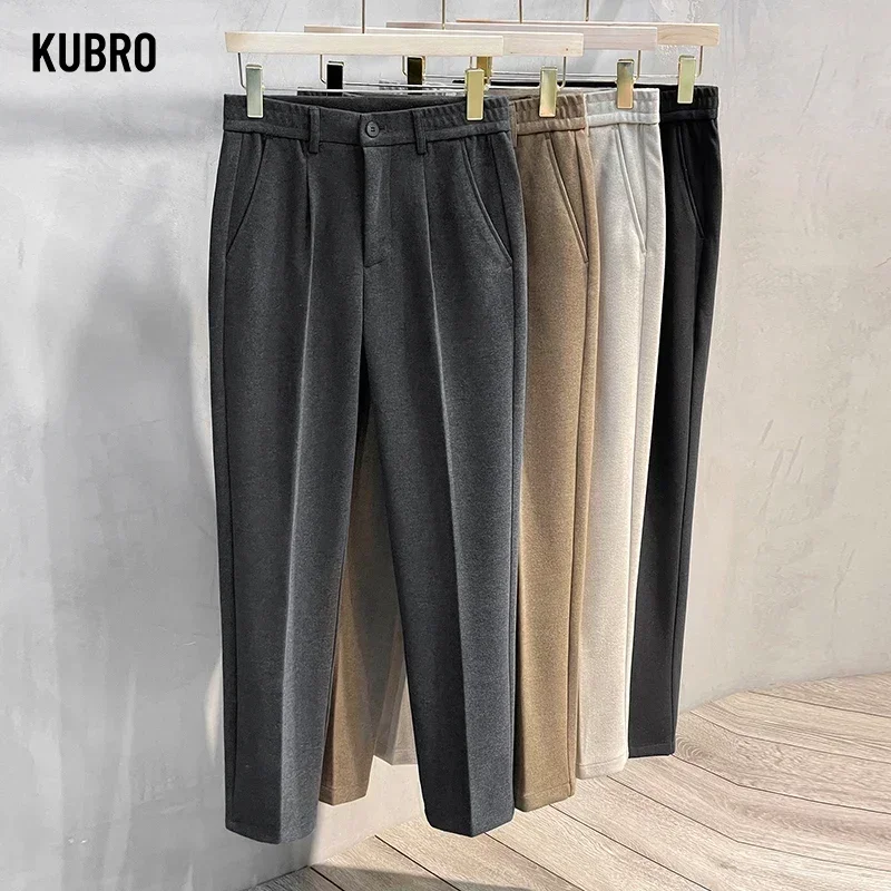 Autumn Winter Suit Pants Men Thick Business Elastic Waist Classic Grey Brown Woolen Straight Korean Formal Trousers Male 28-38