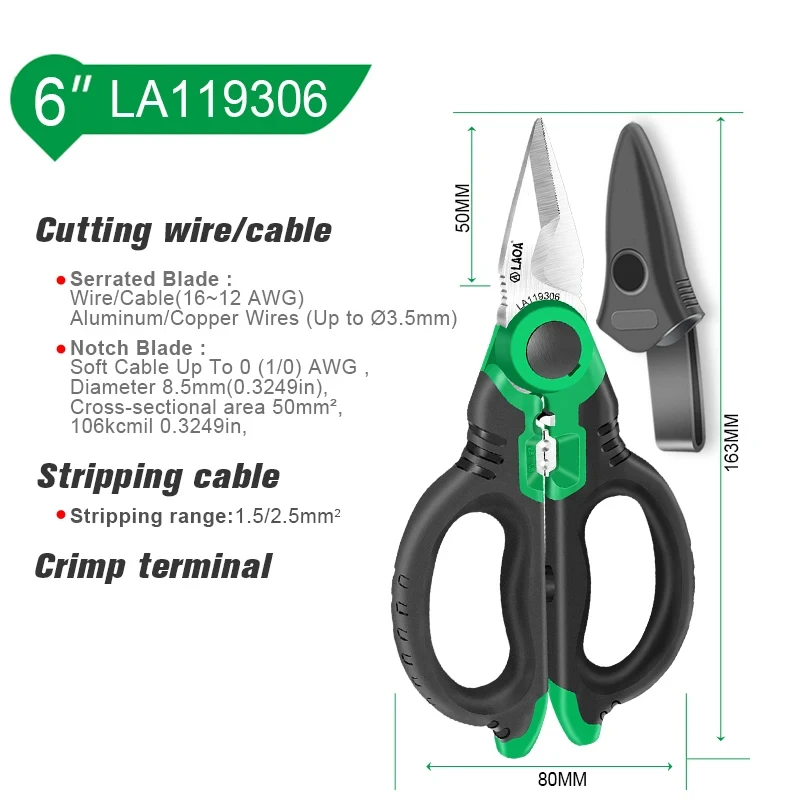 LAOA 6/7 inch Electrician Scissors 1.5-4mm² Wire Cutters Stripping Electric Wire 1.5-4mm² Cutting Terminal Crimping Stainless